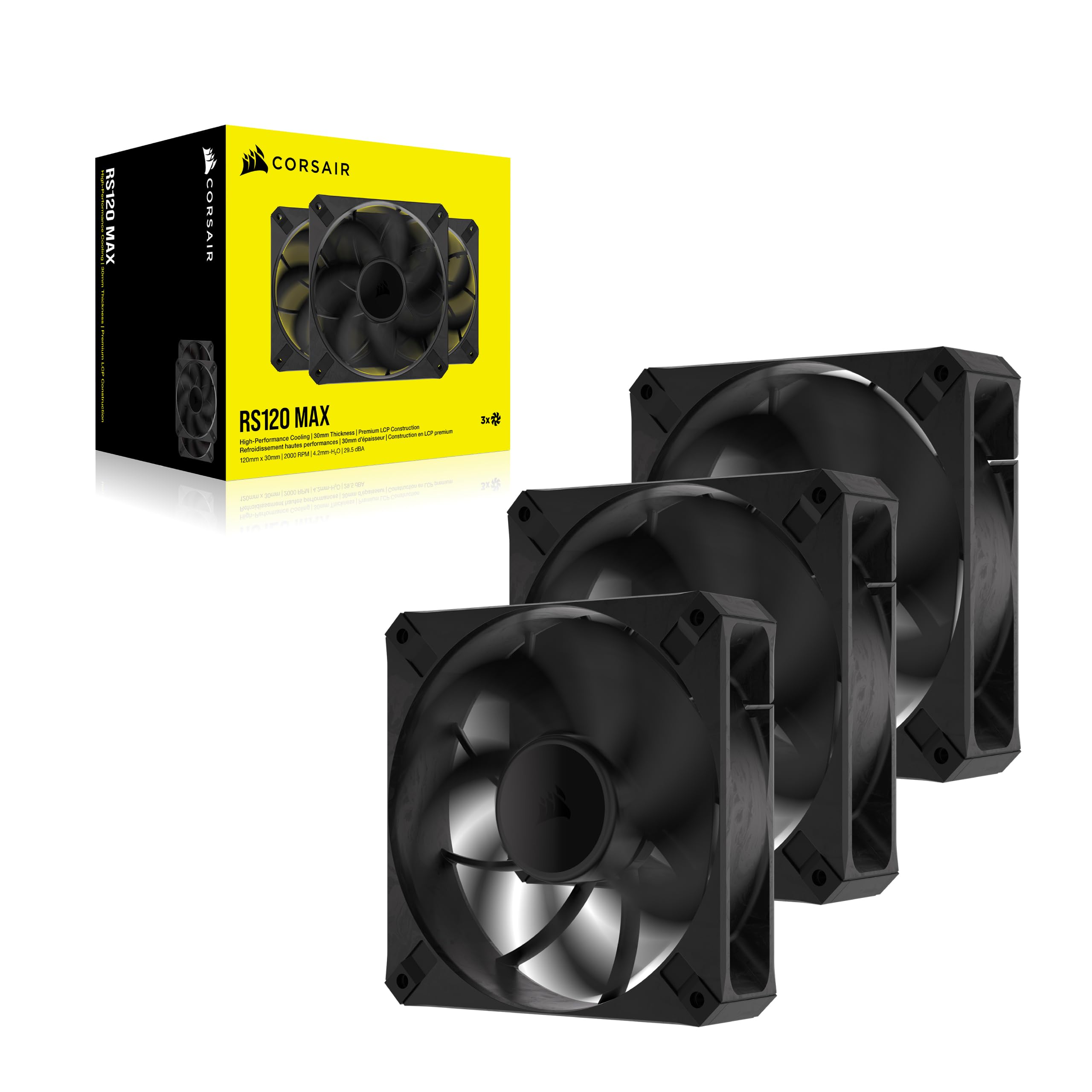 CORSAIR RS120 MAX Gruby Wentylatory PWM 120 mm – Wysokie Ciśnienie Statyczne – Konstrukcja z Materiału Liquid Crystal Polymer – 3 Sztuki – Czarny