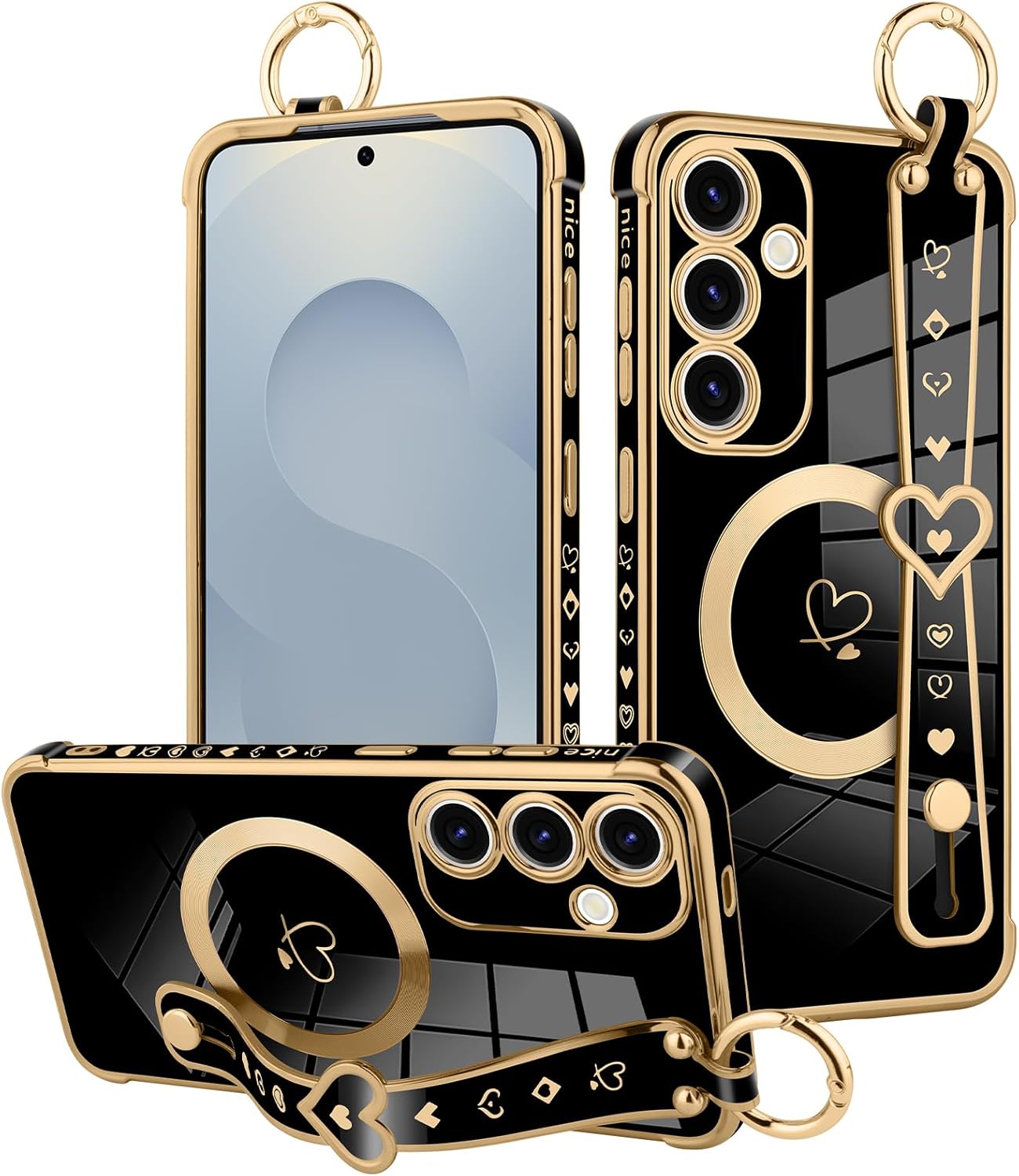 MOWIME Magnetic for Samsung Galaxy S26 Case with Finger Hand Wrist Strap, Compatible with Magsafe, Cute Heart Design for Women Girls Plating Gold Edge Protective Phone Cover - Dark Purple