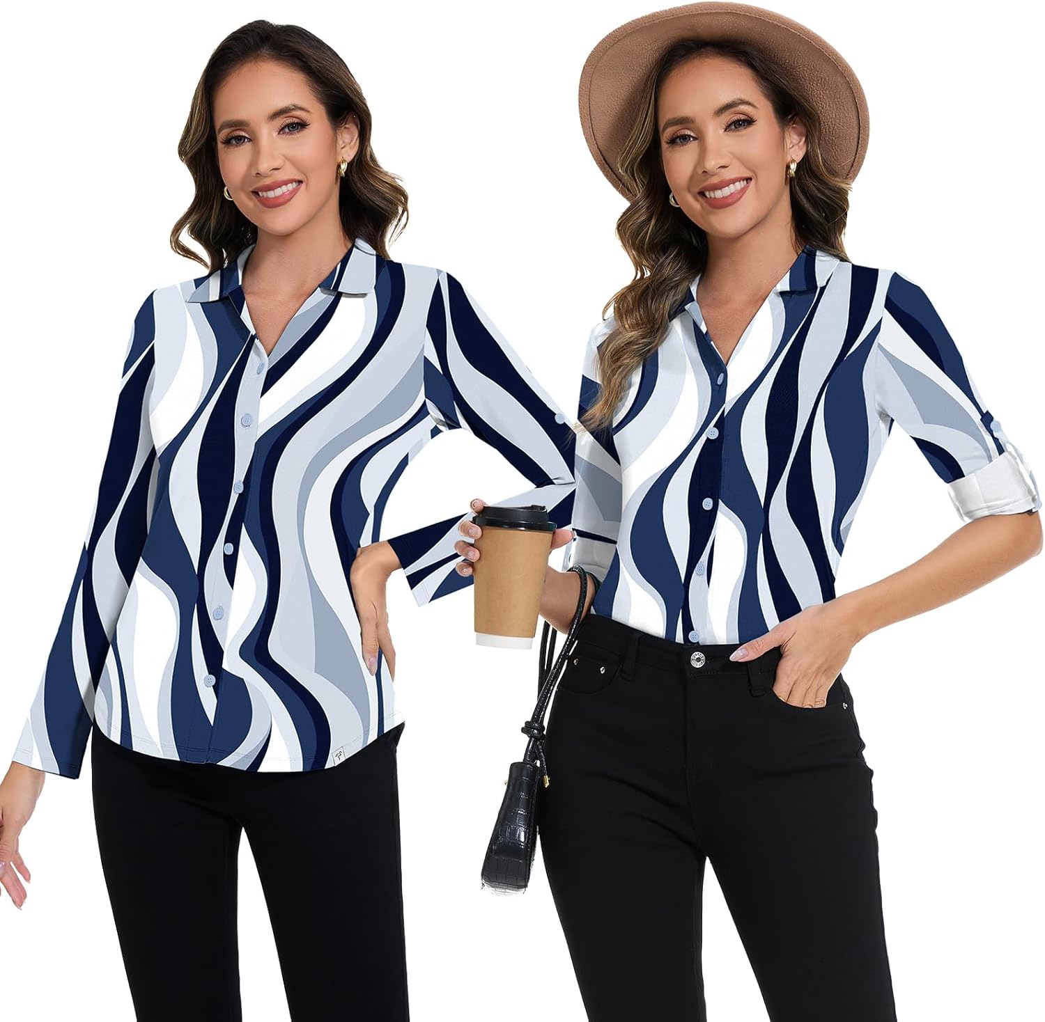 Soneven Womens 3/4 Roll Sleeve Golf Polo Shirts V Neck Long Sleeve Button Up Shirts Business Casual Tops Work Blouses - Image 2