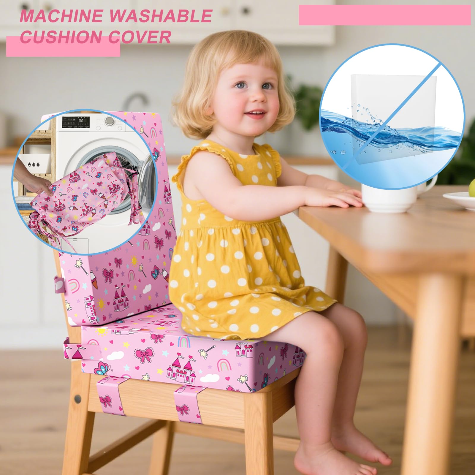 Capslpad Coussin rehausseur pour table à manger avec dossier, fond antidérapant et ceinture de sécurité réglable, imperméable, 10 cm d'épaisseur, motif dessin animé, amovible, lavable, portable - Rose