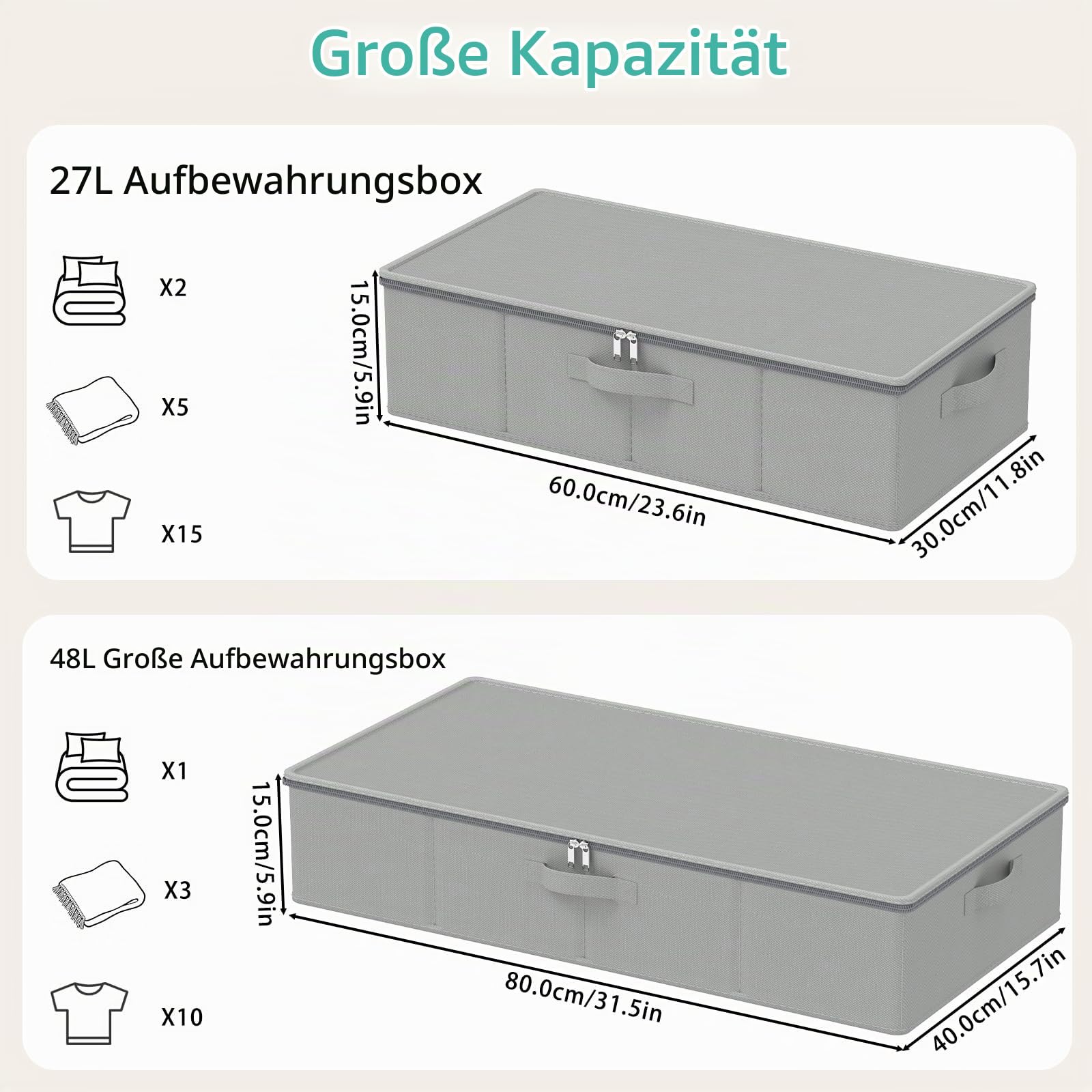 Unterbett Aufbewahrungsbox mit Deckel, Grau, 80x40x15 cm, 2 Stück