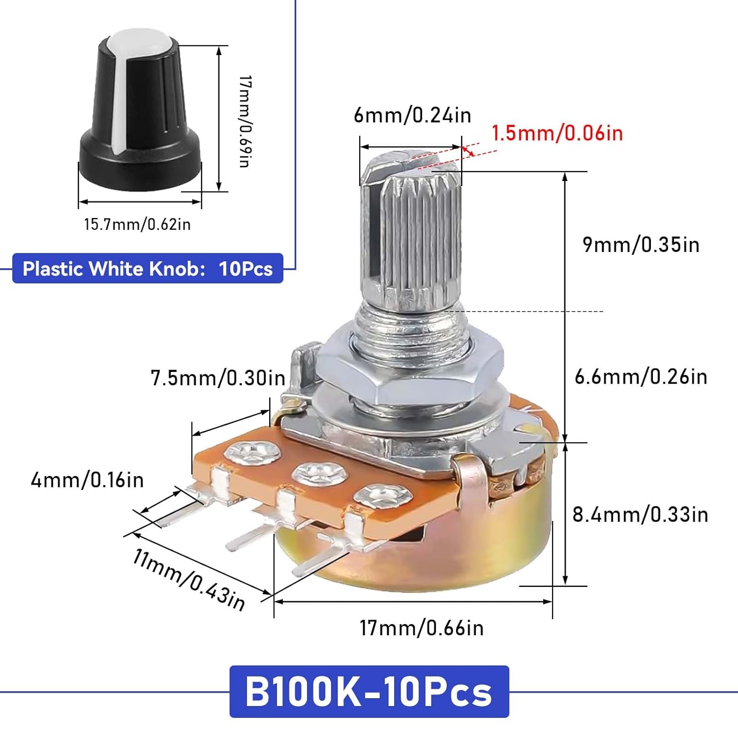 10sets 100K Ohm Potentiometer,WH148 Single-Joint Potentiometers with Rotary Knob
