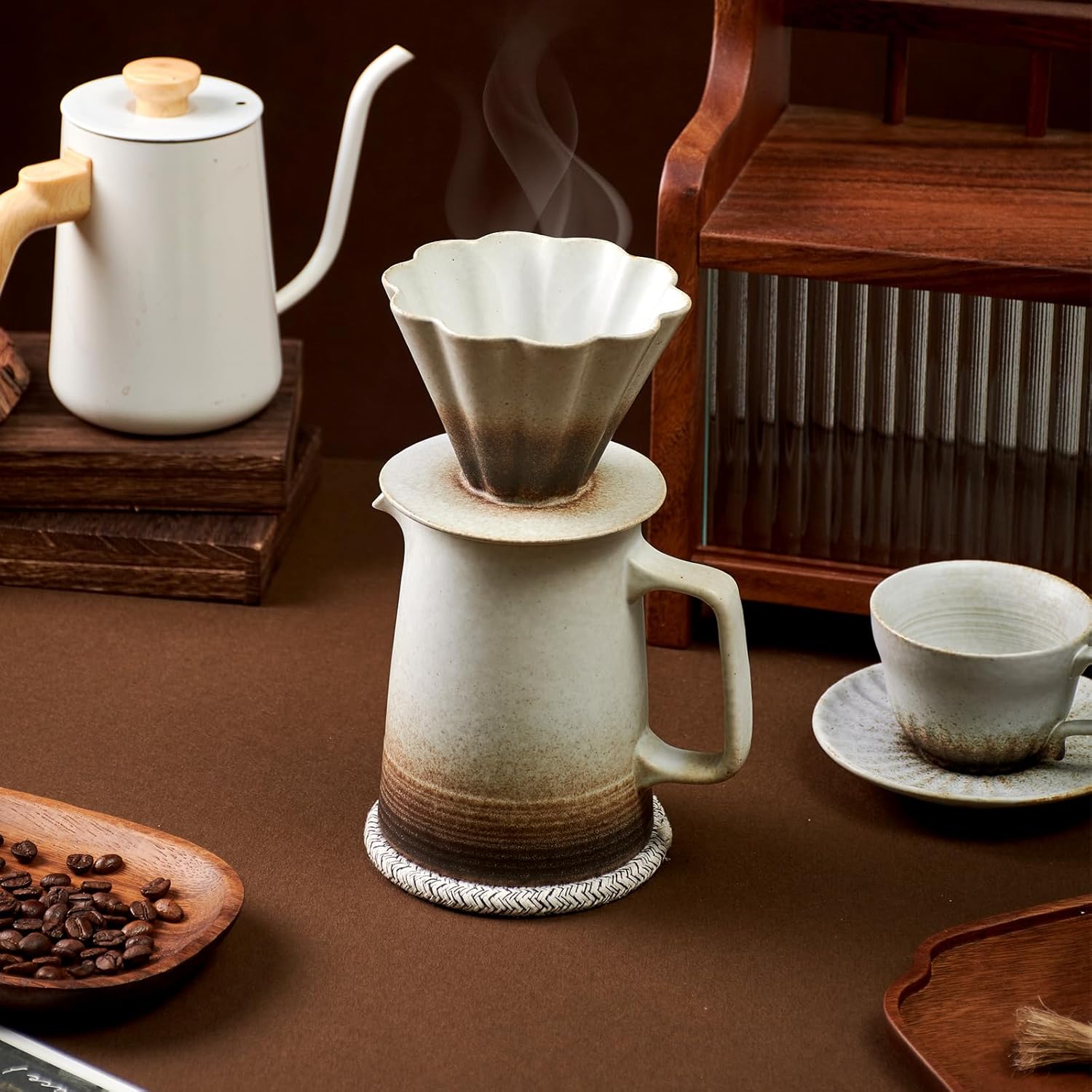 Pour Over Coffee Maker, Ceramic Coffee Dripper with 40pcs V02 Paper Filter & Coaster, 18.2oz/540ml Flower Shape Pour Over Coffee Filter set (Brown Gradient Set)