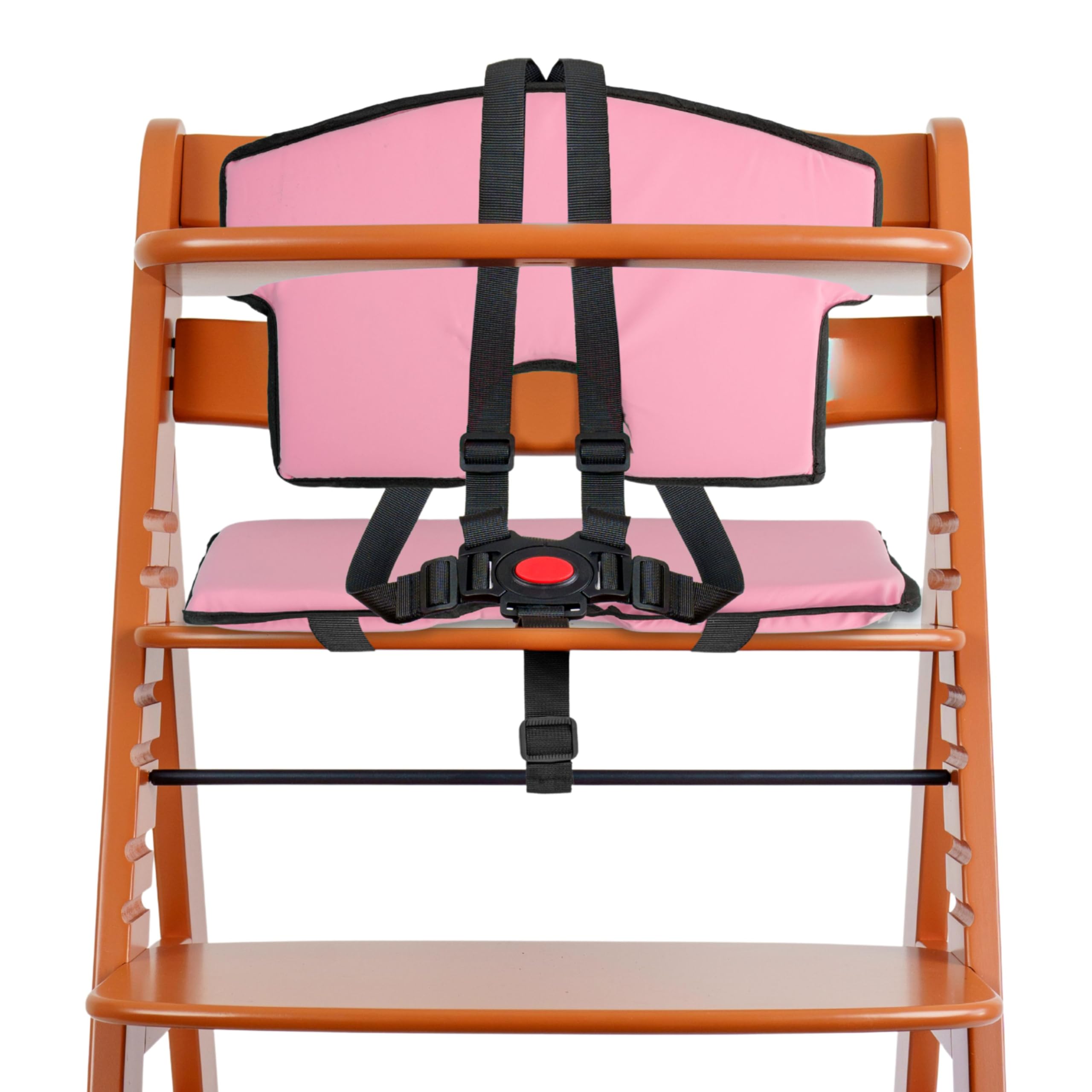 Set di cuscini e imbracature per seggiolone universale, 6 pezzi, cuscino rosa, imbracatura a 5 punti nera, set completo di seggiolone in legno per bambini con cuscino di seduta, imbracatura sicurezza