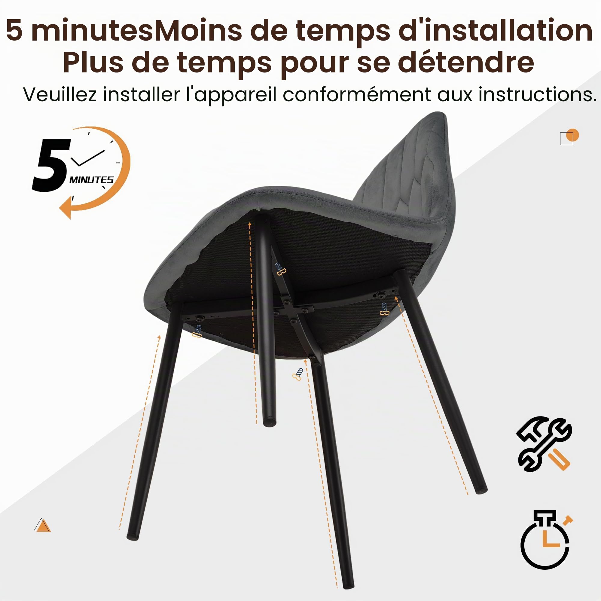 YOUDENOVA Lot de 4 Chaises de Salle à Manger en Velours, Gris Foncé | Chaises de cuisine rembourrées avec dossier ergonomique, pieds en métal, charge maximale de 130 kg