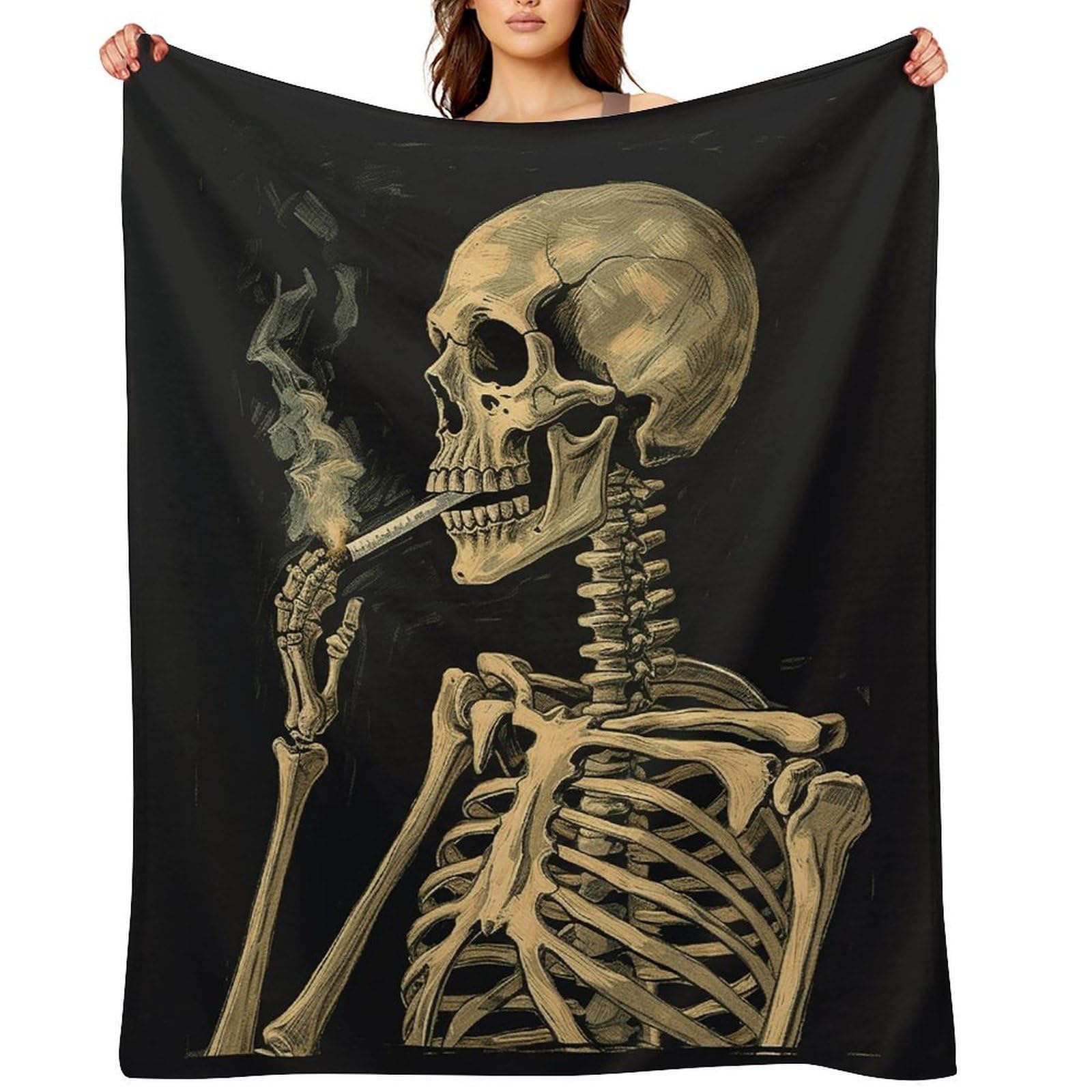 A Skeleton with Burning Cigarette Throw Blanket for Couch and Bed Super Soft Warm Lightweight Throw Blankets Cozy Fuzzy Flannel Blanket Personalized Decorative Blankets for Sofa Decor 40"x50"