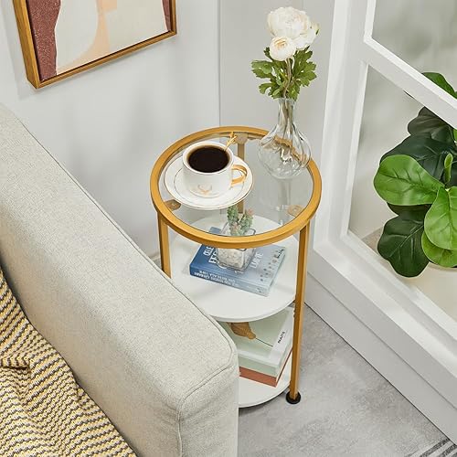 Miniatura 9 de Mesa auxiliar de cristal, mesa auxiliar redonda pequeña de vidrio templado con estantes de almacenamiento de 3 niveles para espacios pequeños, mesa
