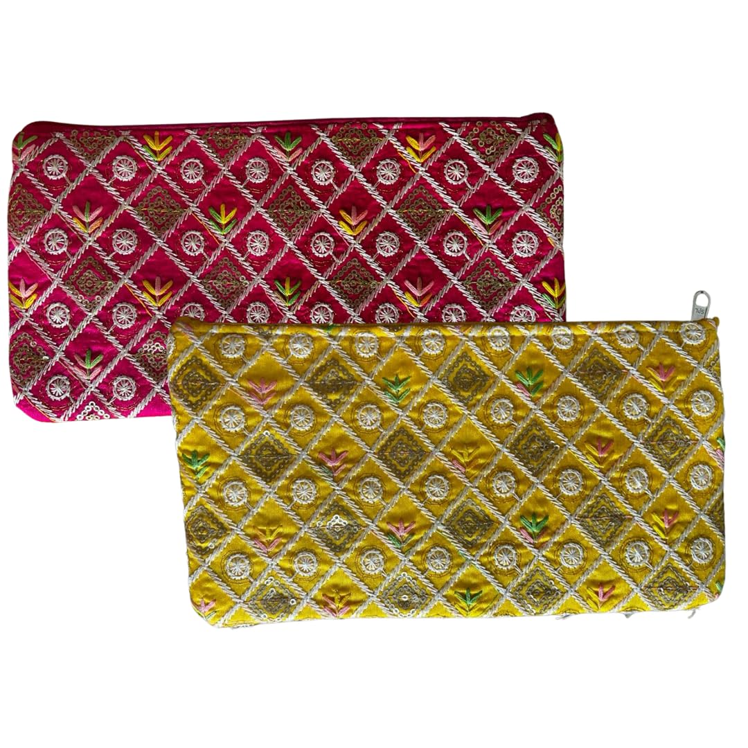 Premium Embellished Ethnic Design Zipper Pouch | Magenta, Yellow | Set of 2 | Ethnic Wedding Gift, Makeup, Coin & Travel Organizer-image-31