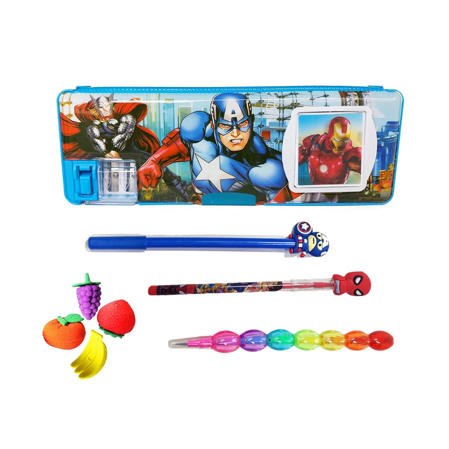 Avenger Pencil Box Integrated Sharpener and Calculator, Magnetic Lock, Dual Compartments, Cartoon Stationery Case School Kit for Girls, Kids, Students Combo Set of 5in1