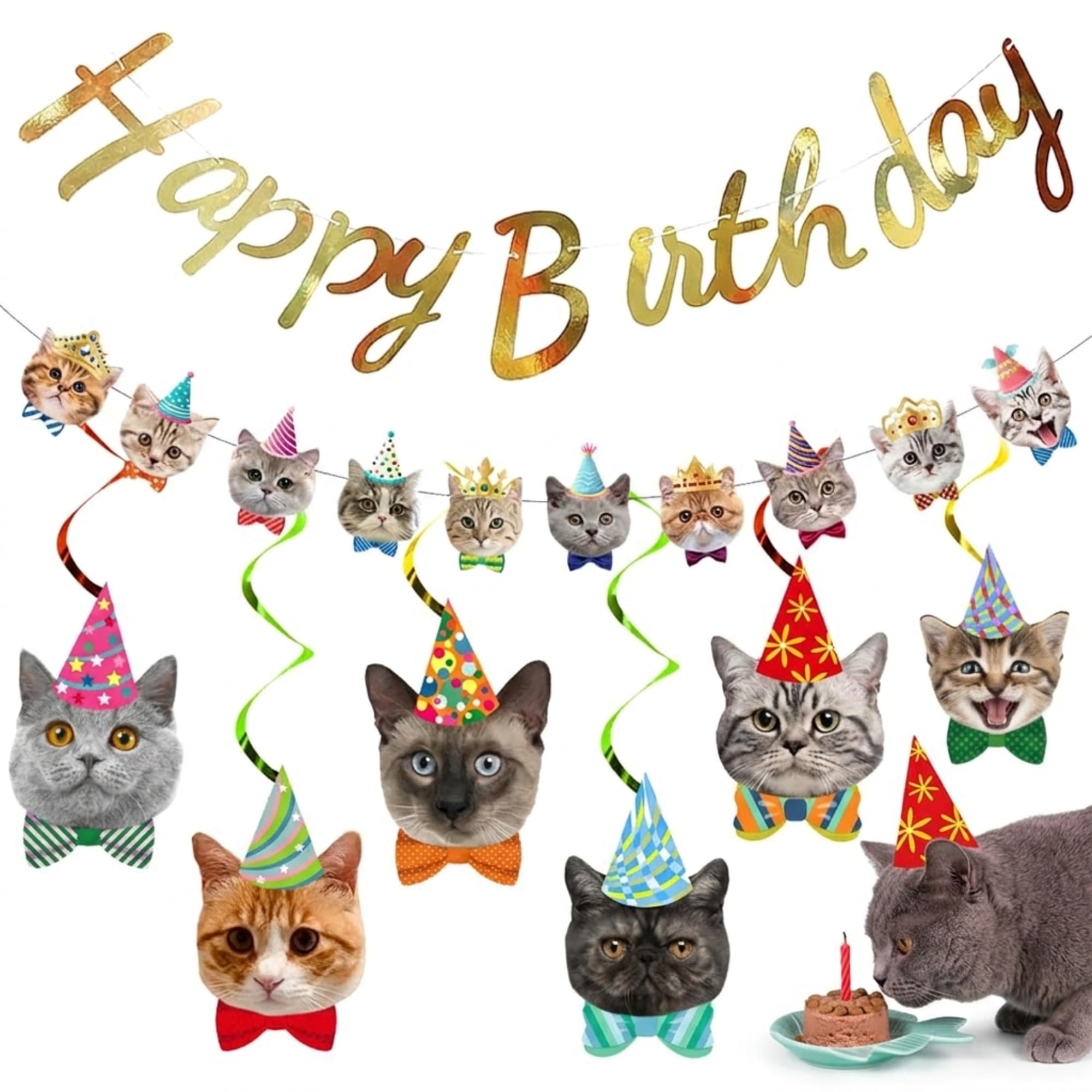 IUSOT Katzen Geburtstag Deko Set - Happy Birthday Girlande mit Einfädler für Schnelle Montage - 15 Lustige Katzengesichter & Hängende Wirbel - Dekoration für Kindergeburtstag & Haustier Party