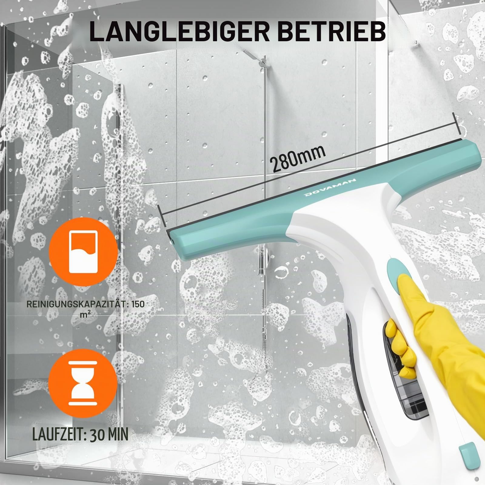 DOVAMAN WC01A Fenstersauger, 30 Min Laufzeit, 280mm Saugdüse, Sprühflasche mit 2 Mikrofasertüchern, 150ml Wassertank, 150m² pro Ladung, 700g Leichter Akku Fenstersauger