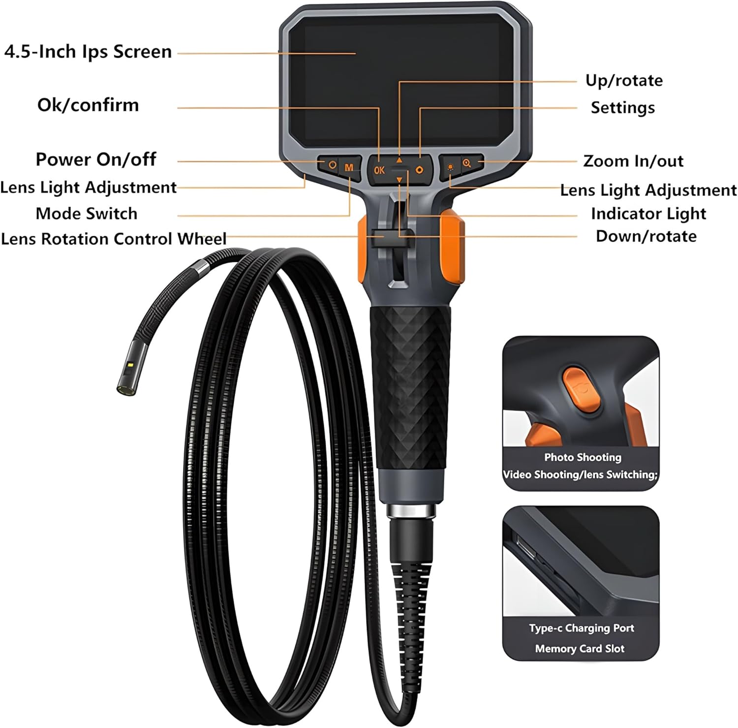 Diagram of the borescope control panel with labels for each button and port