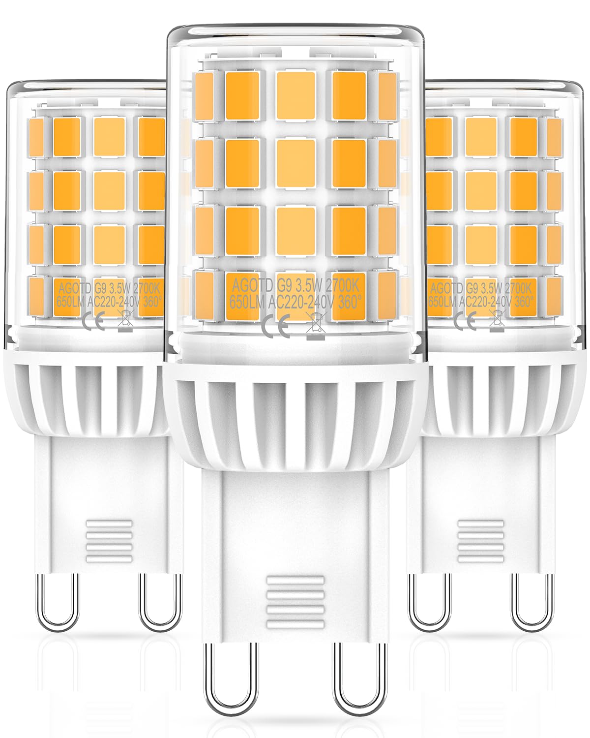 AGOTD G9 LED Warmweiß 2700K, 3.5W 650LM LED Leuchtmittel Ersatz für herkömmliche 30W 40W Glühbirne, nicht dimmbar, AC 220-240V, 3er Pack