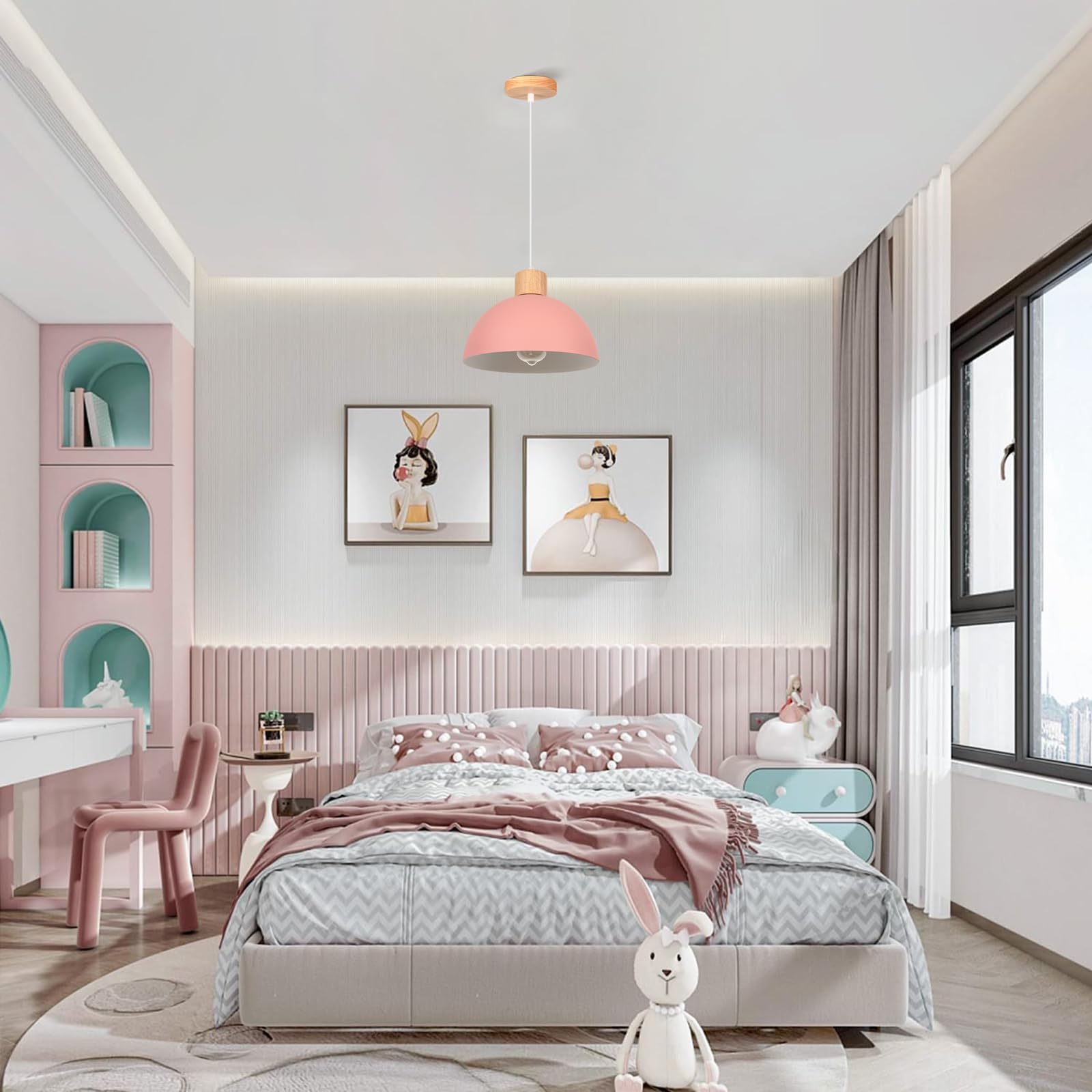 iDEGU 25cm Retro Pendant Light E27 LED Ceiling Light Modern Scandinavian Style Hemisphere Hanging Lampshade Metal Wood Pendant Light Fixture for Bedroom Dining Room Kitchen Restaurant (Pink) - Image 2