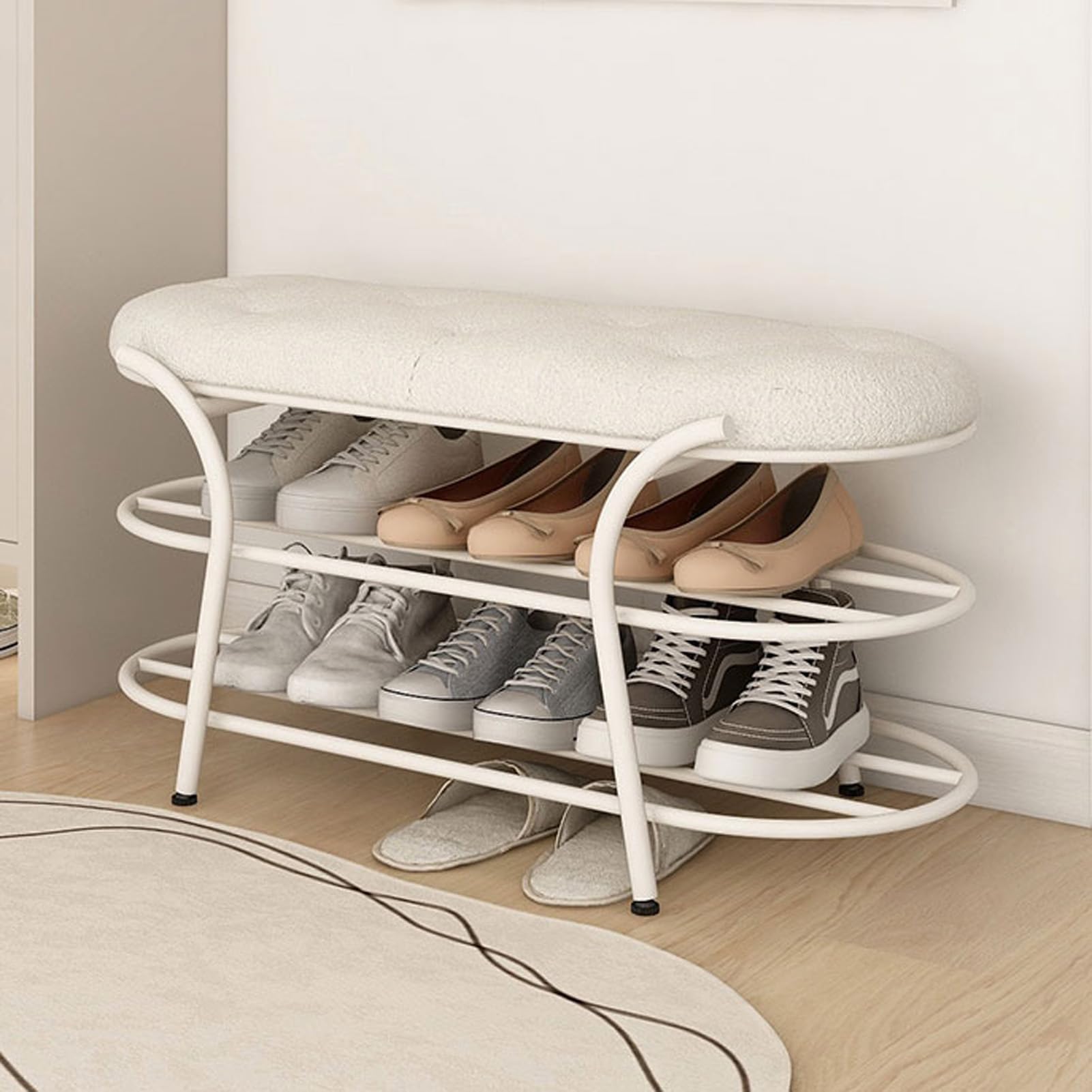 Banc de rangement à chaussures en velours rembourré et stable avec cadre en acier