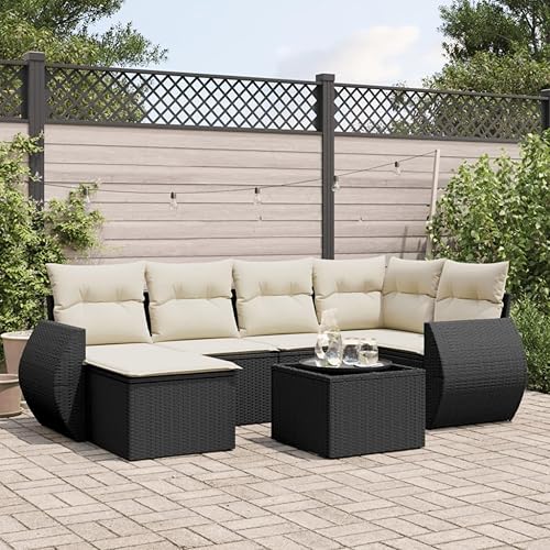 7-Piece Garden Sofa Set with Black Synthetic Rattan and Cream White Cushions, Modular Outdoor Furniture for Patio Seating Arrangement, Durable