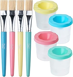 Mr. Pen- No Spill Paint Cups with Pastel Colored Lids, 4 pcs with 4 Paint Brushes, Paint Containers with Lids, Paint Cups with Lids for Kids, Paint Cups for Painting, Spill Proof Paint Cups for Kids