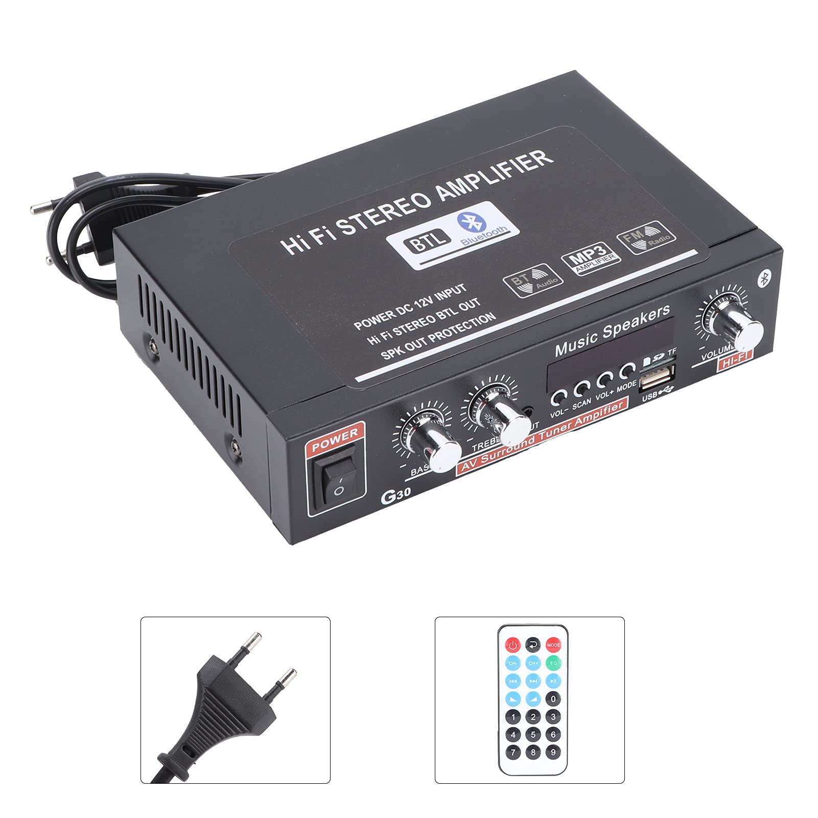 Amplificador Digital Inteligente con Control Remoto Compatible con MP3 USB y Radio FM Estéreo para Casa o Coche con Sonido Claro y Potente