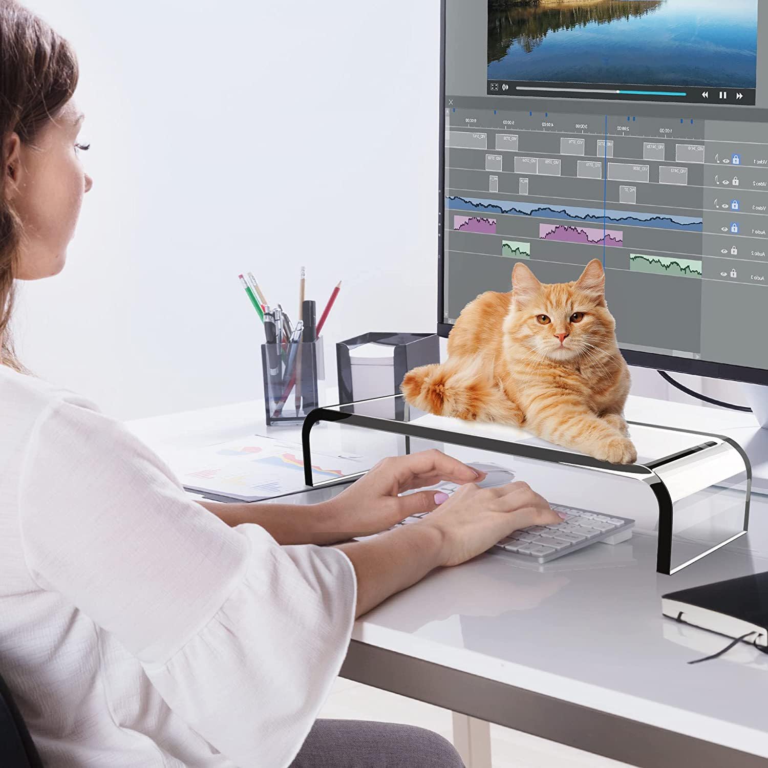 Windfromort Akrylowy stojak na monitor – podwyższenie ekranu z akrylu – przezroczysta podstawka pod monitor na biurko, stojak na laptop, notebook, PC, 40,6 x 19 x 10 cm