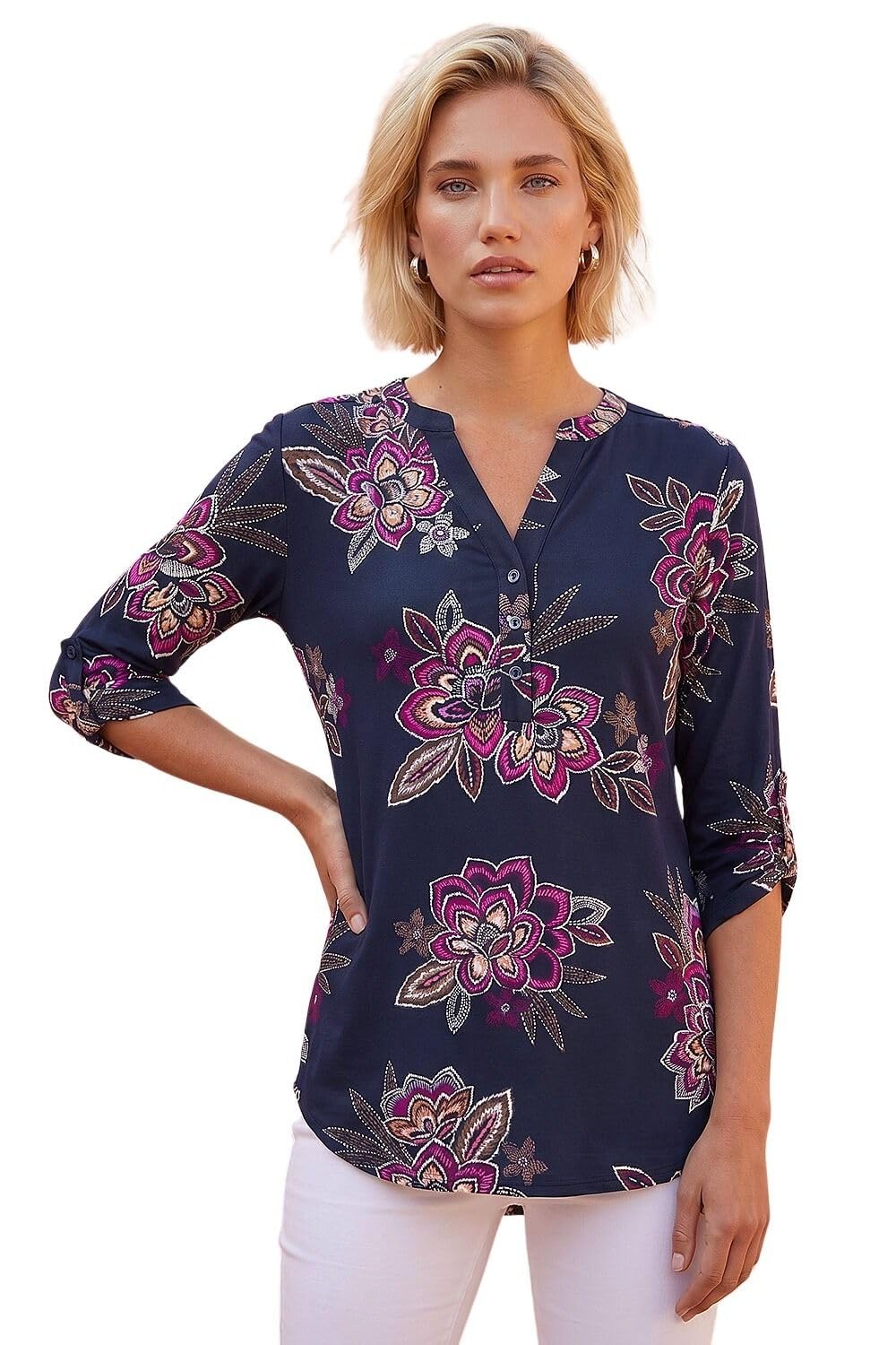 Roman Originals Women's Cerise Roman Shirt For Uk Top Collarless Blouse Stretchy Tunic Smart Casual Autumn Winter Jersey 3/4 Length Sleeve Notch V Neck Flattering Office Work - Size 16