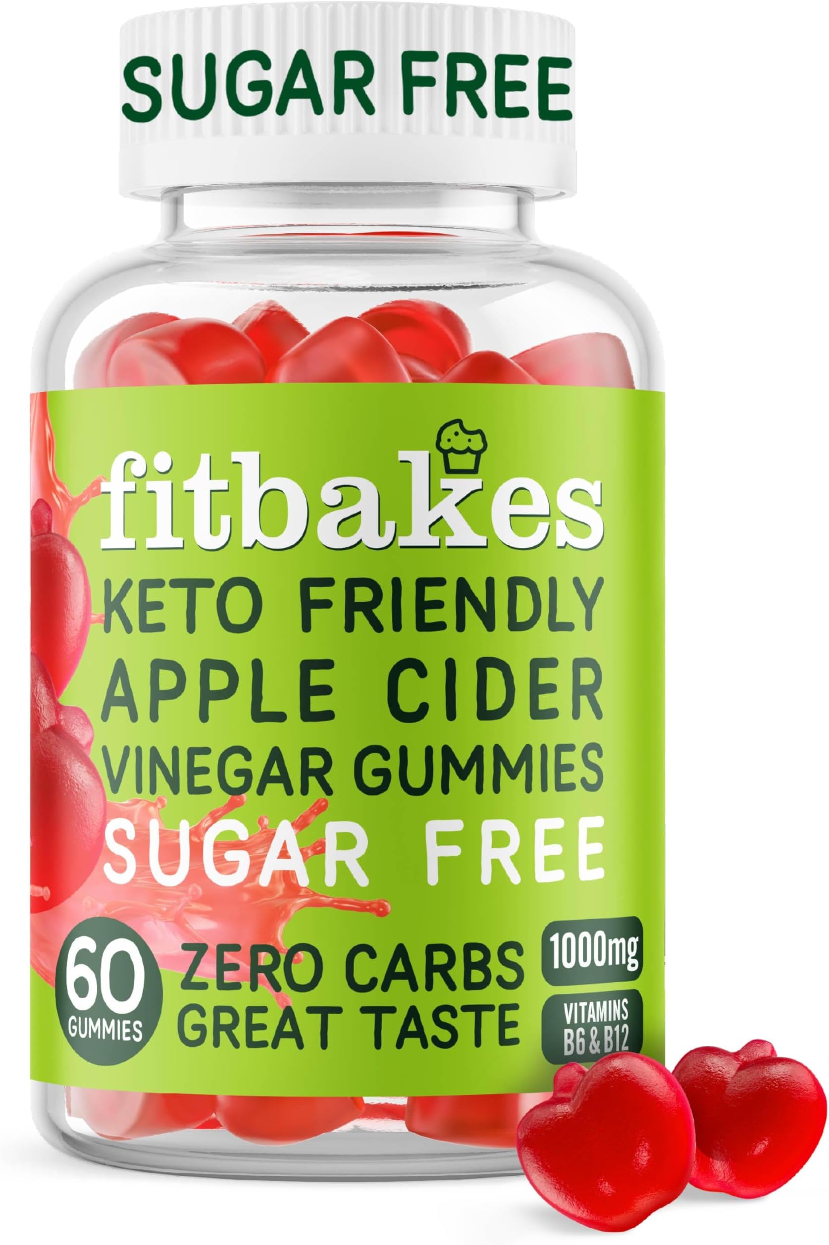 Fit bakes Sugar Free Keto Apple Cider Vinegar Gummies with Mother 1000mg, 0 Carbs, 3 Calories Per Gummy, 60 ACV Keto Gummies, Apple Cider Vinegar with Mother, Vitamin B12 & Folic Acid, Fitbakes