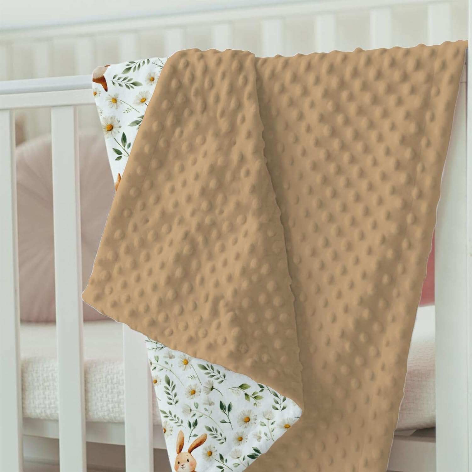 Brown Baby Blankets for Girls 30 x 40, Soft Double Layer Minky Blanket with Dotted Fleece Back, Nursery Bed Receiving Quilt Newborn Infant Toddler Shower Gift Bunny Spring Daisy Flower Theme - Image 5