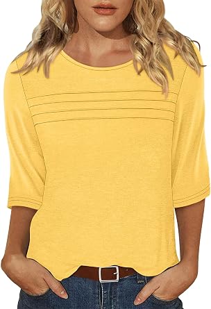 KISSMODA Womens 3/4 Sleeve T Shirts Crew Neck Casual Blouses Cute Pleated Summer Tunic Tops Trendy Basic Tees
