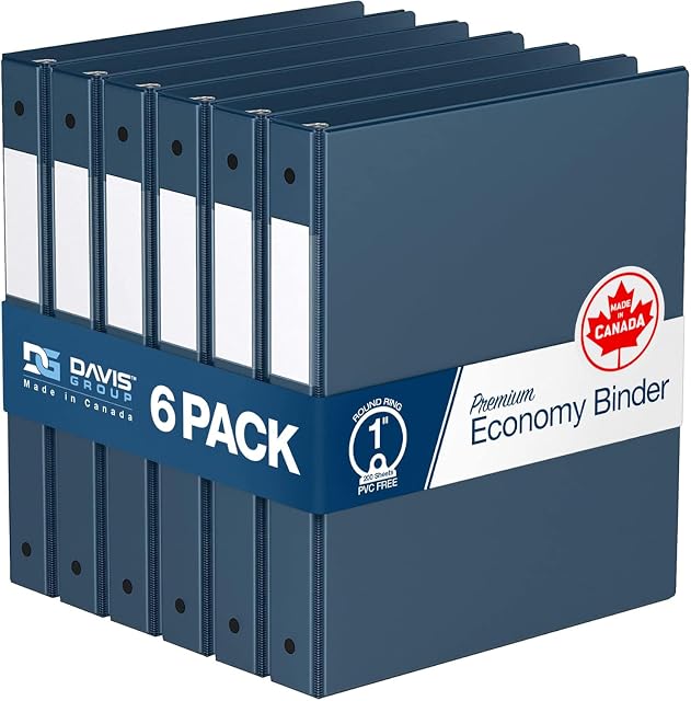 Premium Economy 1-Inch Binder, 3-Ring Binder for School, Office, or Home, Colored Binder Notebook, Pack of 6, Round Ring, Navy Blue