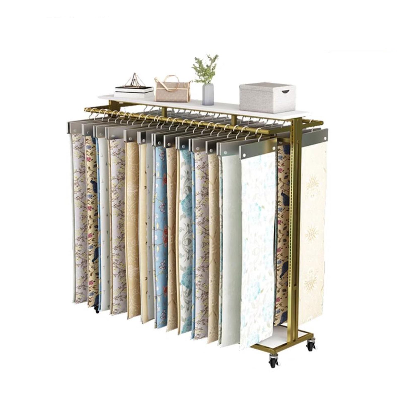 Présentoir portable en tissu avec roulettes et organisateur de textile