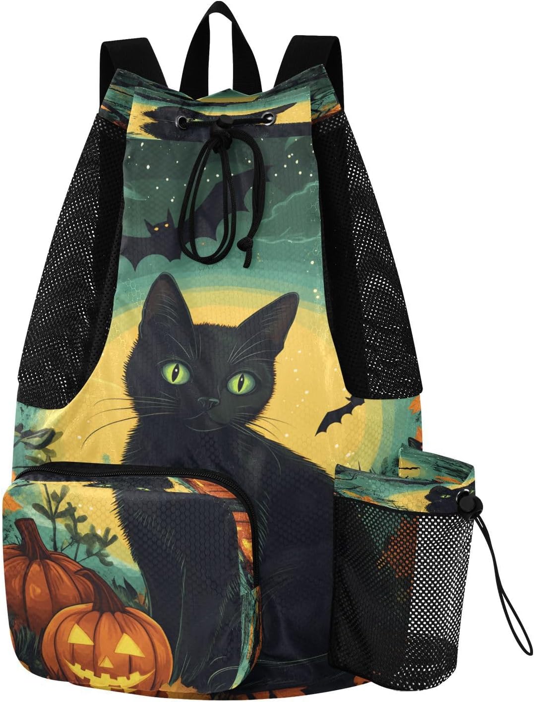 Mesh Gym Swimming Bags for Men & Women, Halloween Cat Pumpkin Stars Night Large Drawstring Backpack with Dry-Wet Pocket, Lightweight Gym Bag for Sports, Travel, Beach, Workout Gear