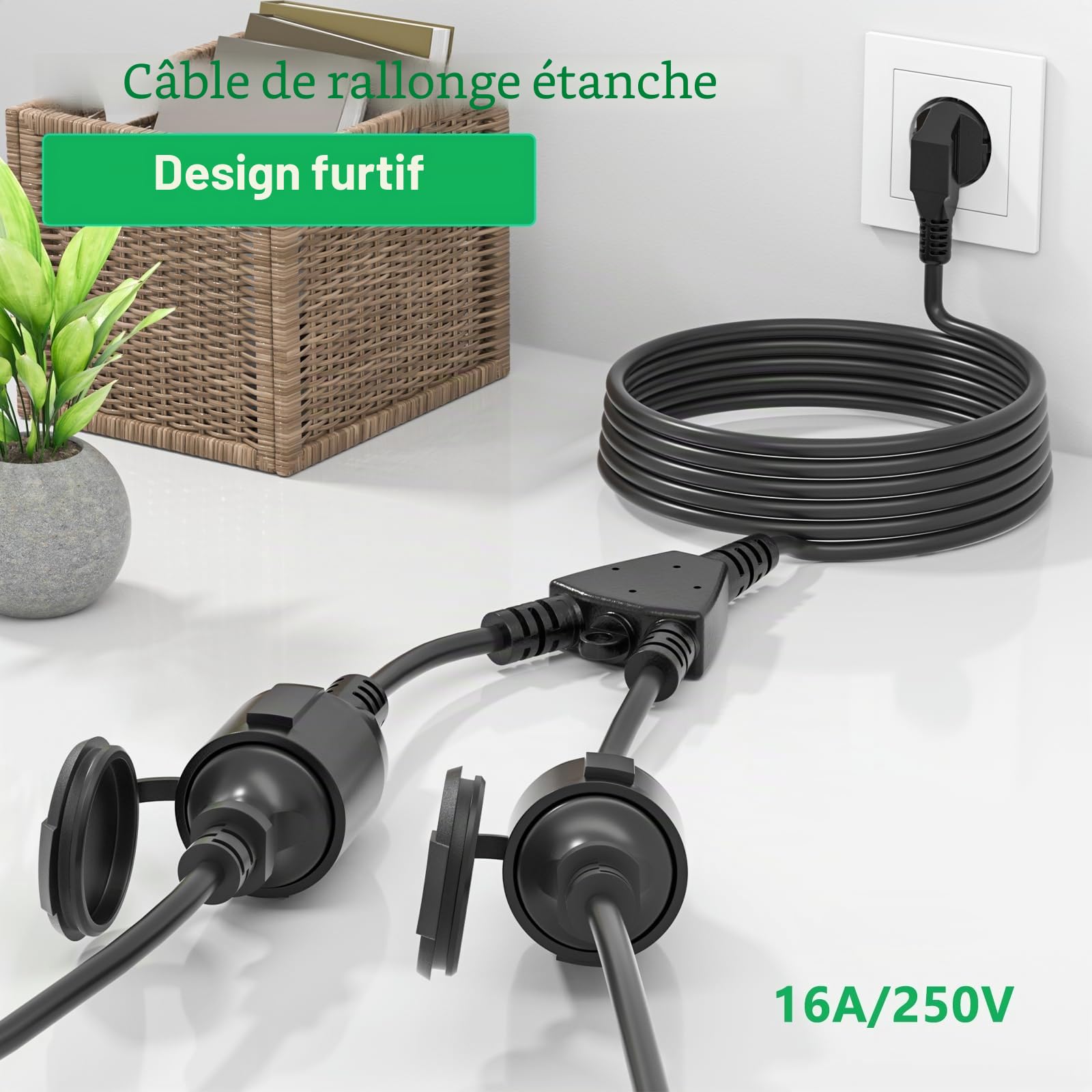Rallonge Schuko,Câble d'extension 5M pour l'extérieur avec Contact de Protection,1 à 2 Contacts de Protection Extensibles,IP44 Rallonge avec 2 Prises de Courant,16A/250V (5M)