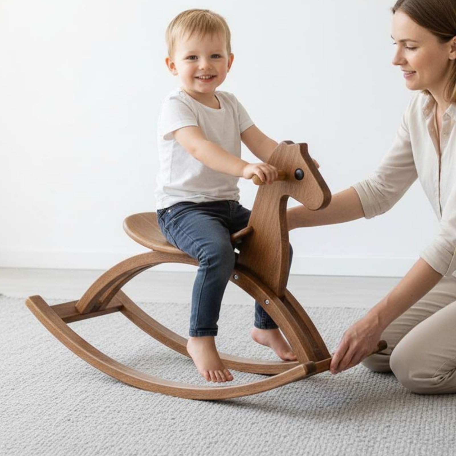 Sedia a Dondolo per Bambini Giocattolo a Dondolo Cavalluccio in Legno Seggiolina Dondolante Poltroncina Dondolante con Design Curvo Minimal E Venature, color to 1