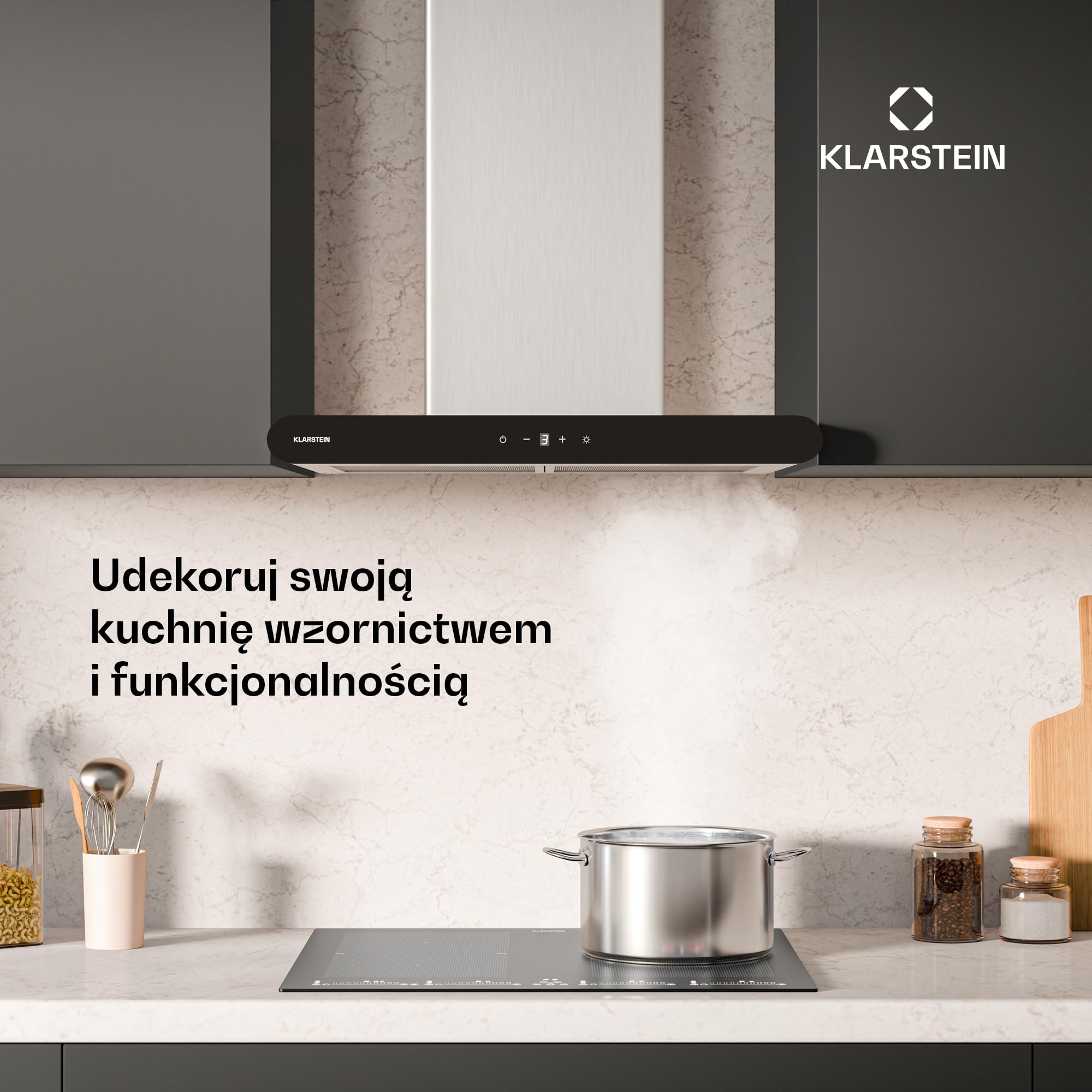 Klarstein CurveVent okap kuchenny – 60 cm, strumień powietrza 700 m³/h, energooszczędność A+, obsługa dotykowa, oświetlenie LED, 56 dB, czarny, filtr powietrza wylotowego i węglowego