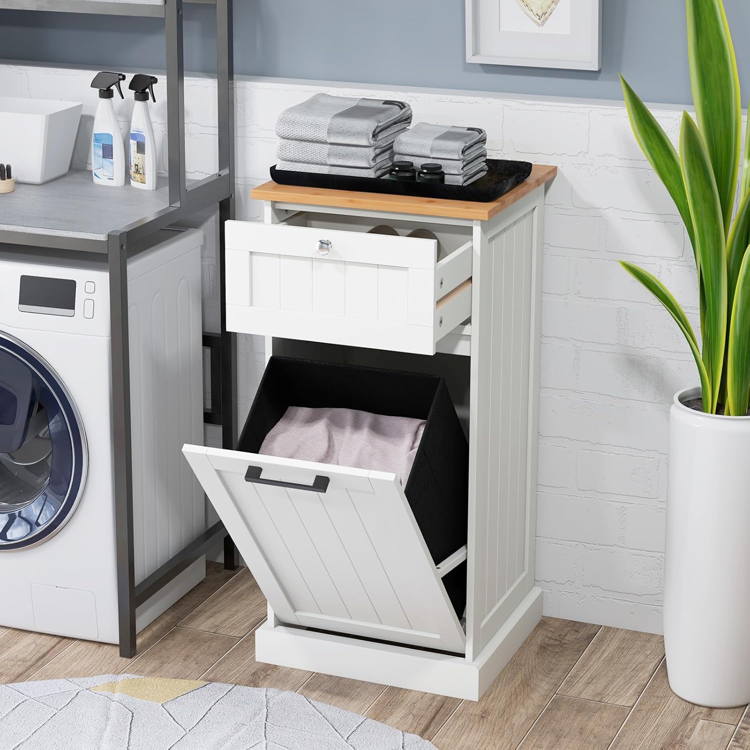 DORTALA Tilt-Out Laundry Hamper Cabinet in a bathroom setting with laundry basket open