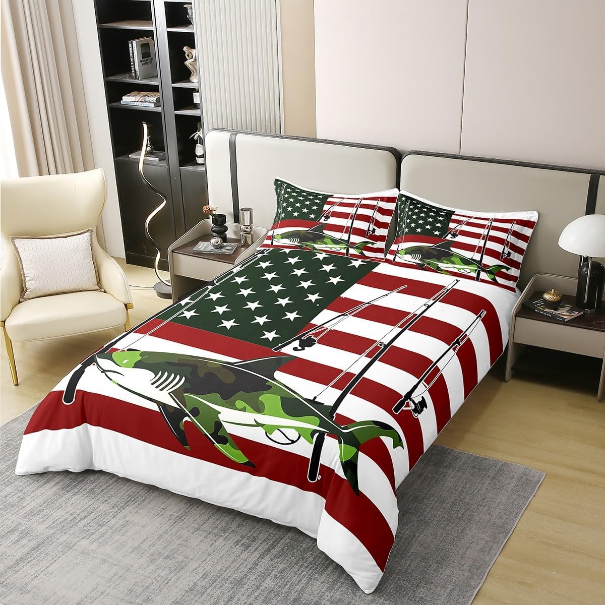 Manfei Bass Fish 100% Cotton Duvet Cover,Rustic Lodge Hunting Fishing Rod Super Soft Comforter Cover(No Filler),Green Camouflage Silhouette American Flag Stars Stripes 3Pcs Bedding Set,Full Size image 2
