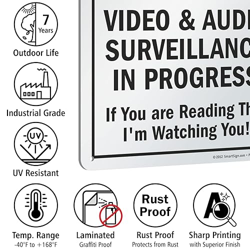 Miniatura 6 de SmartSign Letrero de metal con texto en inglés "Warning - Video And Audio Surveillance In Progress, If You Are Reading This I'm Watching You",