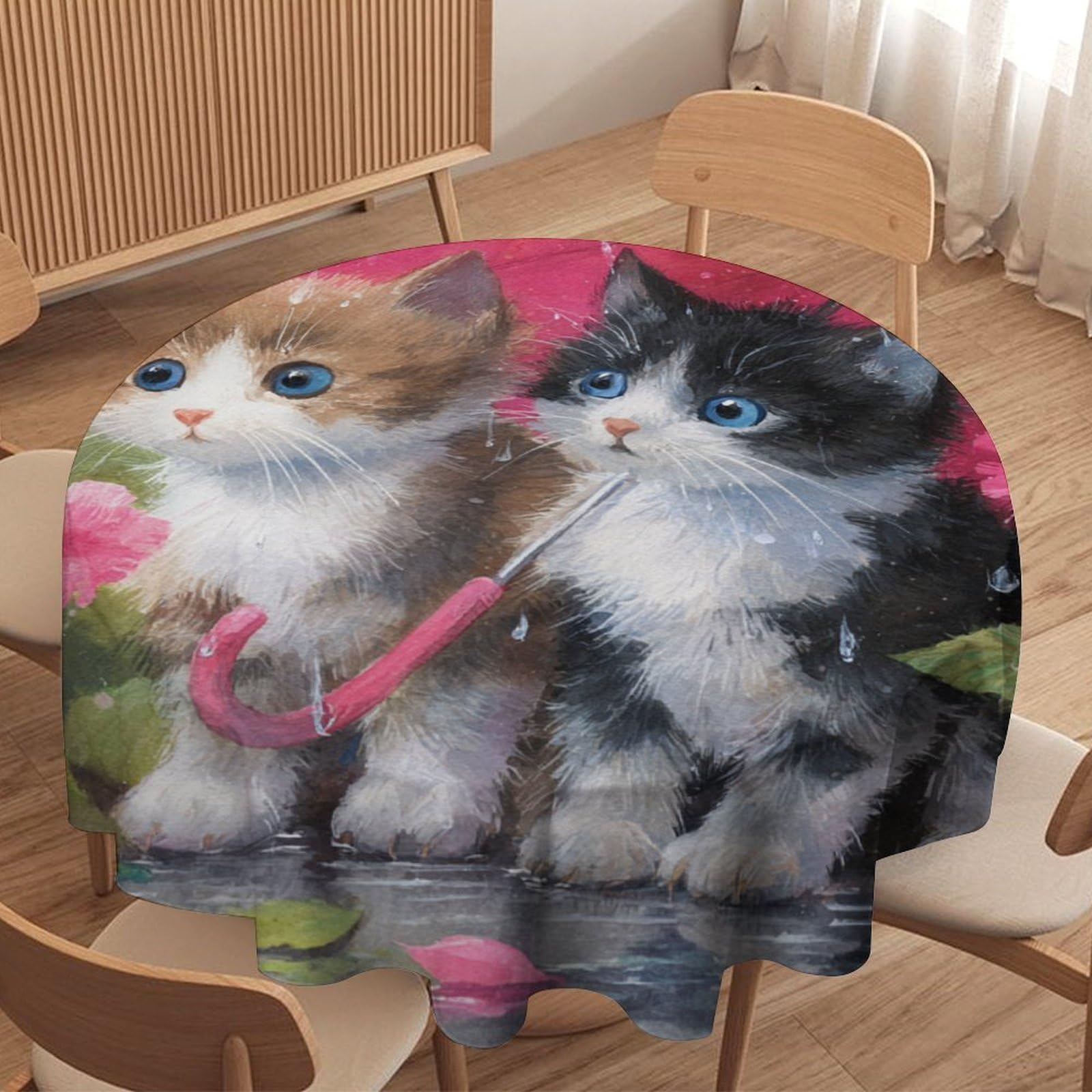 LUYYSKY Funny Abstract Cute Cats Waterproof Round Tablecloth Fantasy Colorful Watercolor Plants Flowers Animals Kittens Print Washable Table Cover for Kitchen-127 Wx127 L cm