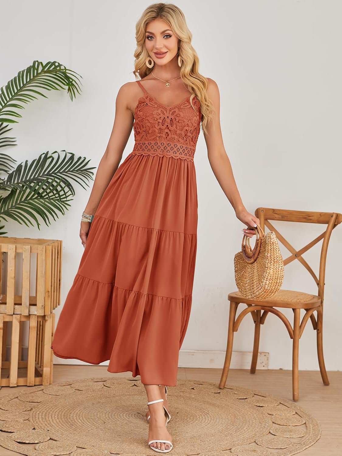 Dokuritu Women's Beach Crochet Lace Maxi Dress Solid Color Summer Vacation Spaghetti Strap Long Dress 2026(Brickred-Pocket,Small) - Image 5