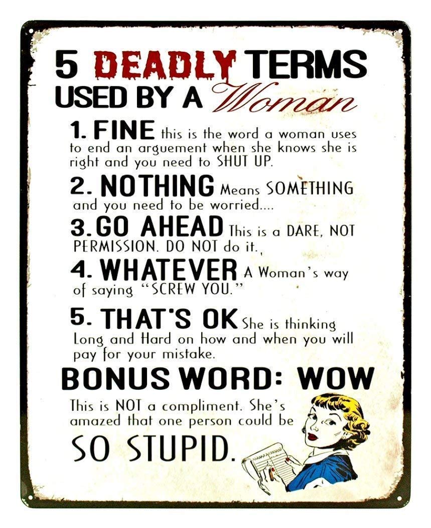 Inga Tin Sign New Metal Sign 5 Deadly Terms Used By A Woman Funny Distressed Metal Tin Sign 8x12 inches