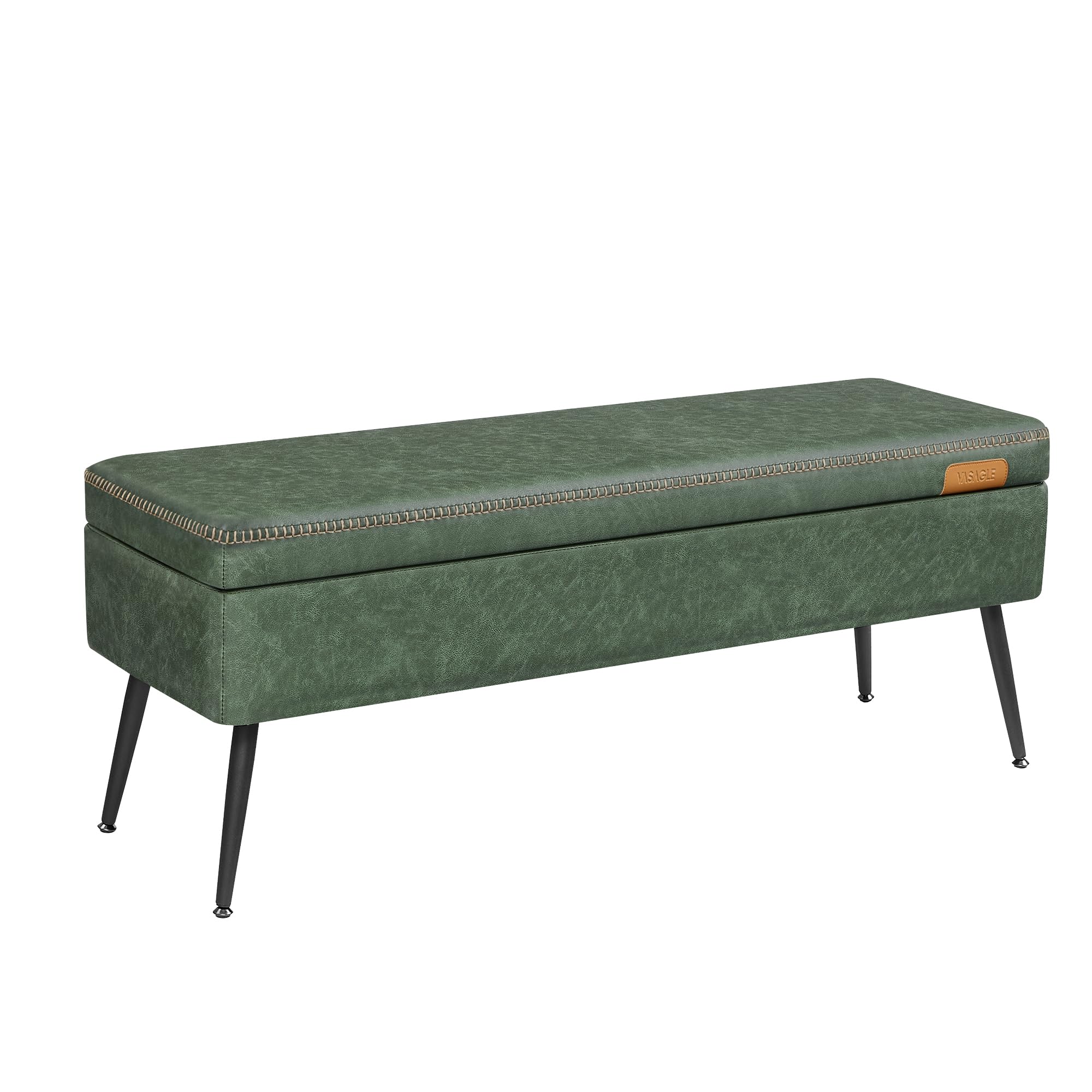 VASAGLE EKHO Collection - Storage Ottoman Bench, Entryway Bedroom Bench, 15 Gallons, Synthetic Leather with Stitching, Mid-Century Modern, Safety Hinges, Loads 660 lb, Forest Green ULOM074C01