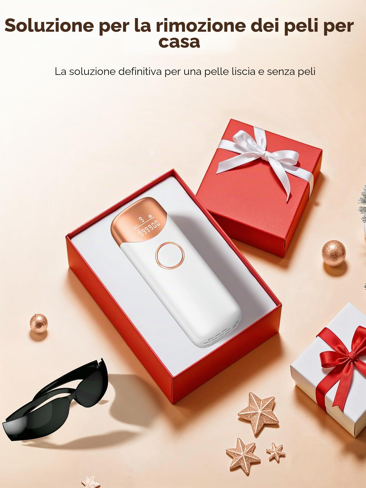 Epilatore Luce Pulsata IPL Indolore IP, Epilatore Laser con Raffreddamento,9 Livelli Regolabili Dispositivo Depilazione per Donna e Uomo, Viso Corpo Ascelle, Bianco Dorato