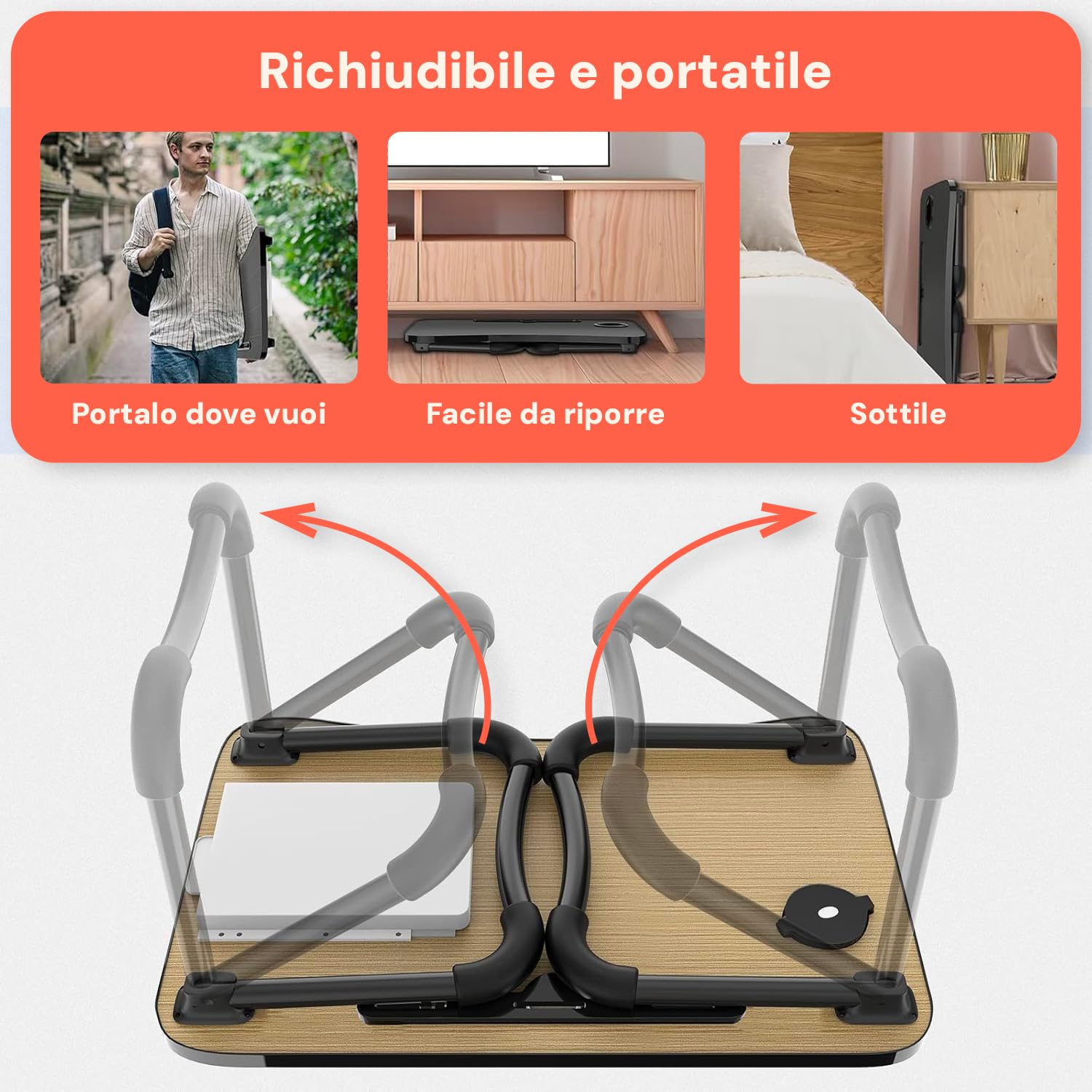 Avilia Tavolino Pieghevole da Letto con Porta Bicchiere e Leggio per Tablet, 60x40 cm, Nero, Salvaspazio, Facile da Trasportare, Ideale per Soggiorno, Camera, Aree Relax e Smart Working