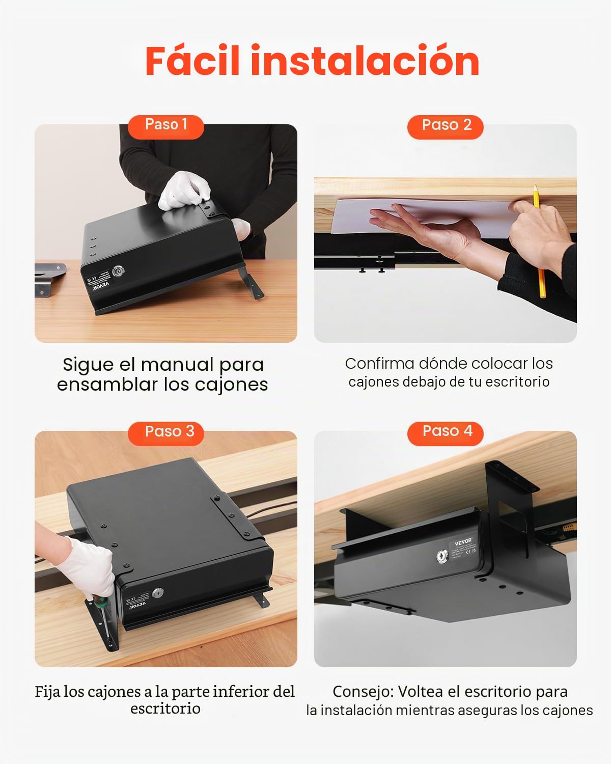 VEVOR Cajón Deslizable Debajo del Escritorio con Cerradura, Organizador de Almacenamiento Oculto, 365 x 335 x 185 mm