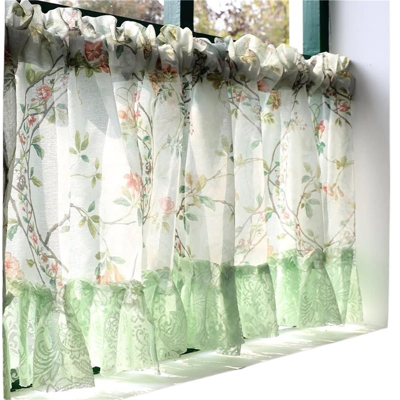 Ländliche Tüll-Halbgardinen mit Blumenmuster for die Küche, Vintage, hellgrüne Blumen, Spitze, kurz für Kleine Fenster(1PC W150XH40CM)