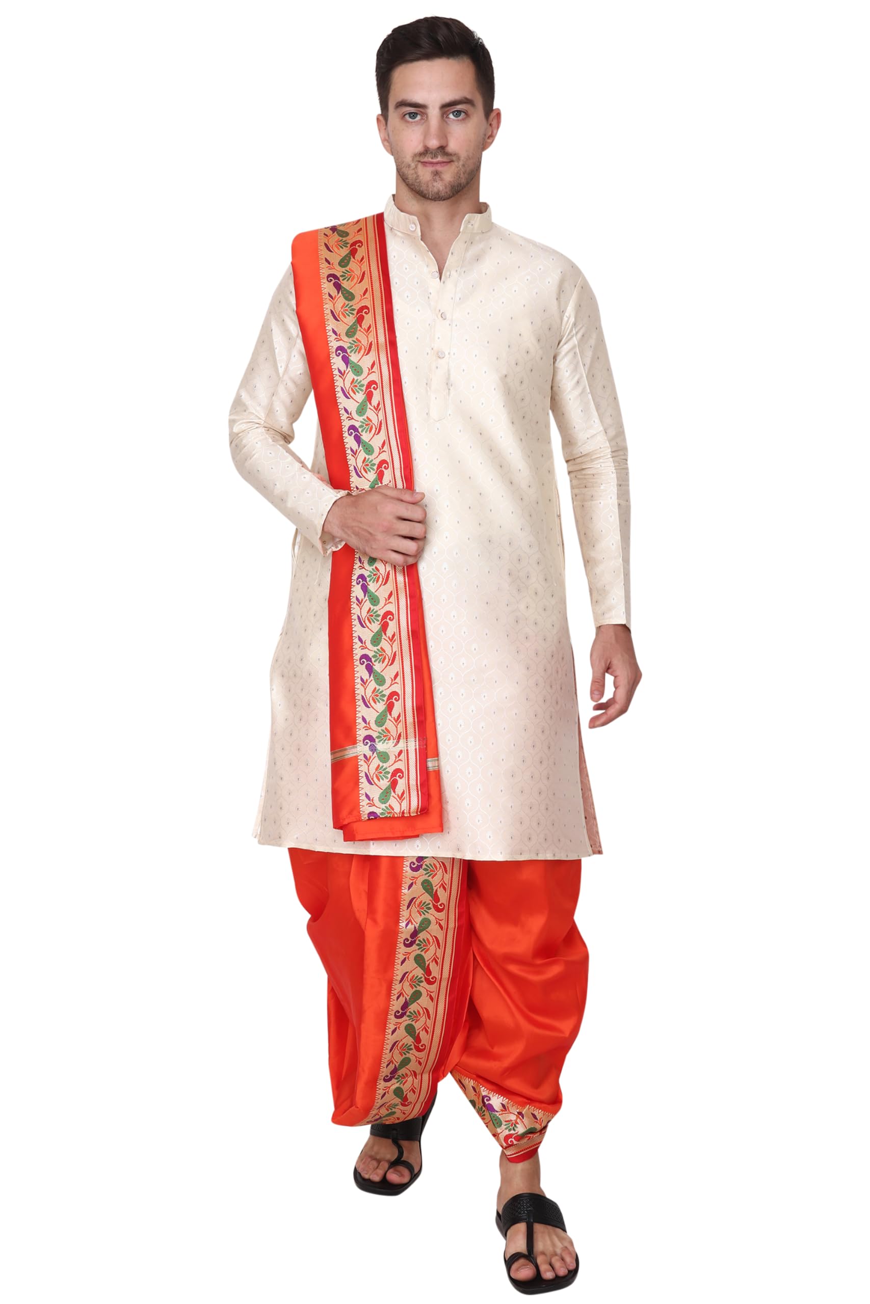 Rameshwaram Fabrics Cotton Silk Dhoti Kurta Set for Men with Stole, 3 Piece Set