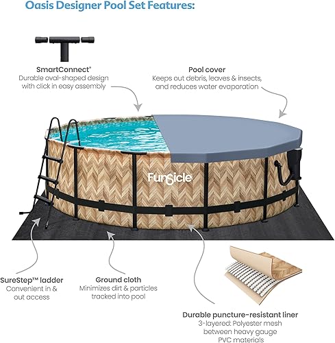 Miniatura 3 de Funsicle Oasis Designer - Piscina sobre el suelo con marco redondo de 14 x 42 pulgadas con bomba de filtro SkimmerPlus, patrón de espiga de roble