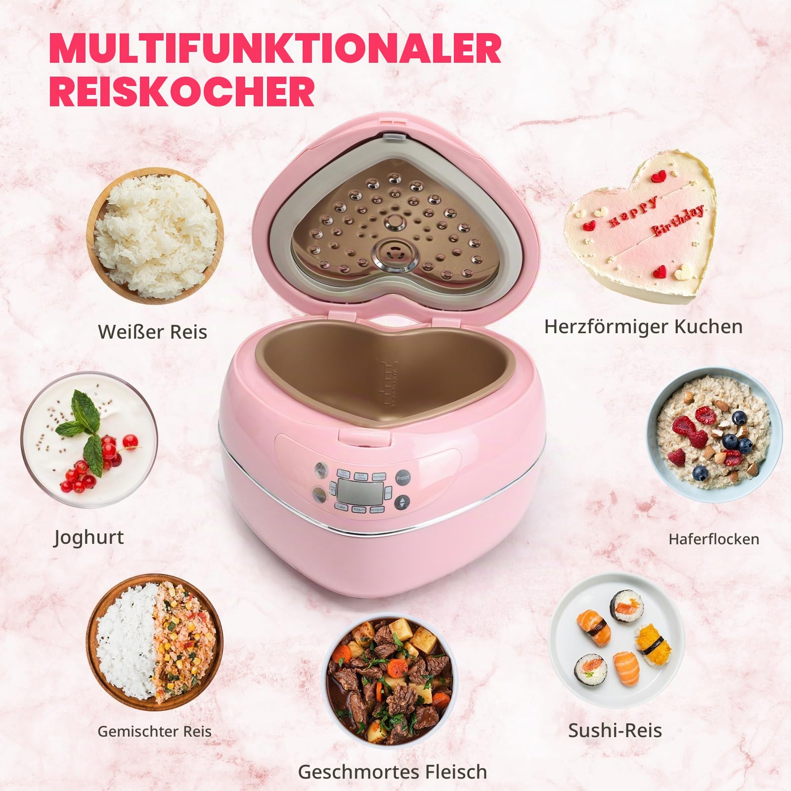 Pfirsichförmiger Reiskocher, 6-in-1-Reiskocher in Rosa, smarter, niedlicher Reiskocher mit Antihaftbeschichtung, voreingestelltem Timer und automatischer Warmhaltefunktion, ideal als Geschenk, 1,8 l
