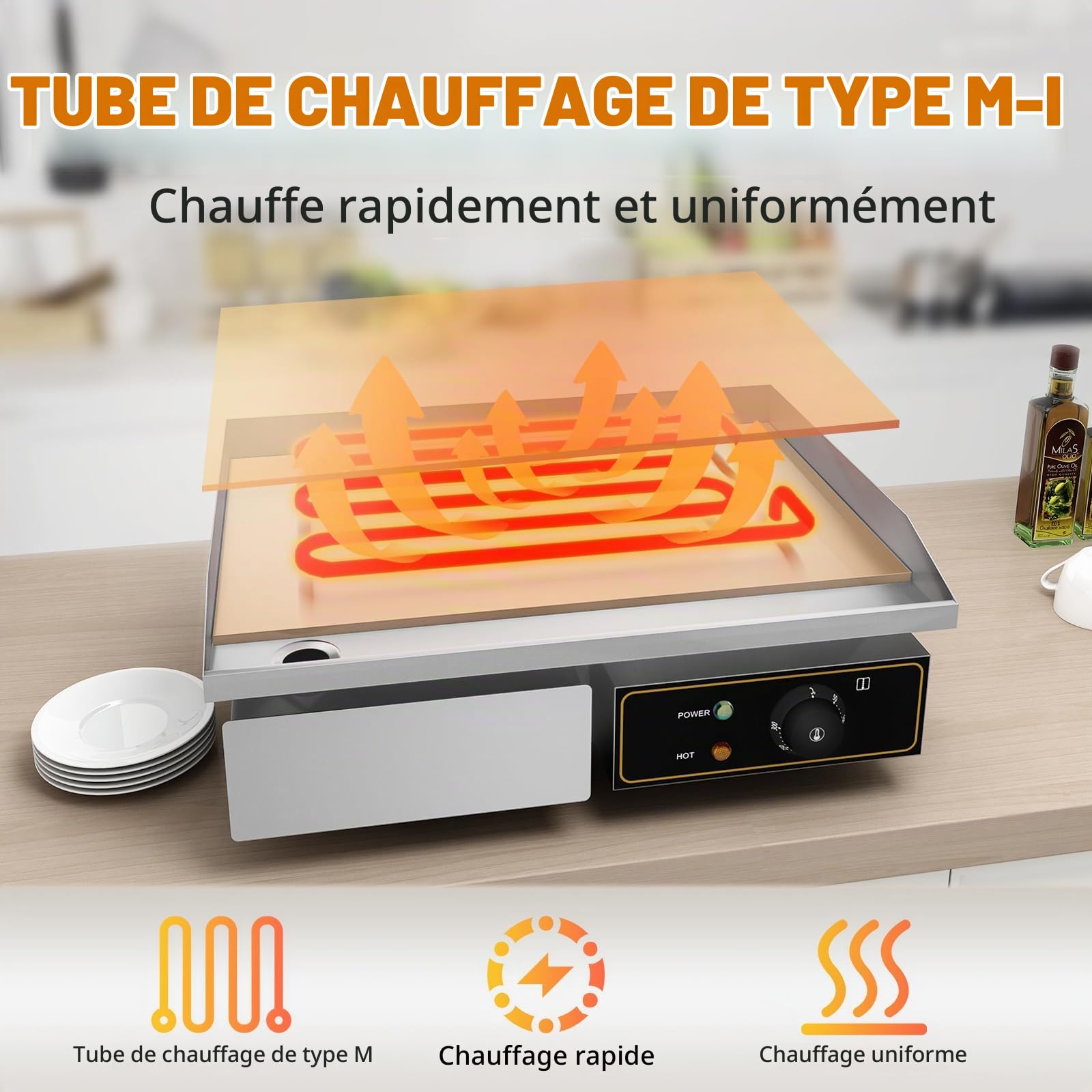 Plancha Électrique Plaque De Acier Inoxydable 53cm Antiadhésive 3000W Professionnelle De Cuisson En Le Fer Durable Grill, Epaisseur De La Surface De Cuisson : 8mm