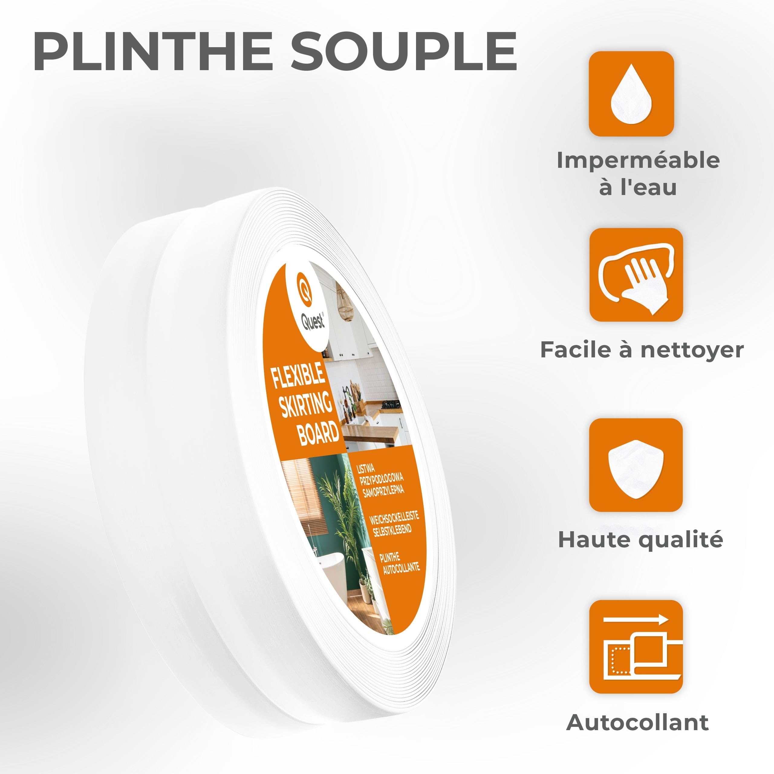 Quest Plinthe Souple Autoadhésive 15 x 15 mm Étanche - Blanc, 25 m