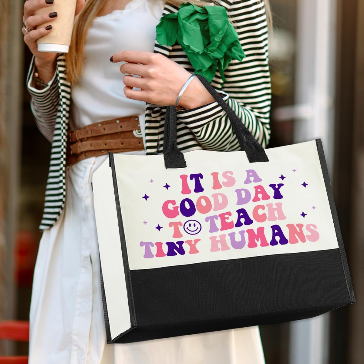 Nvhai Best Teacher Gifts for Women, Teacher Appreciation Gifts for English Teacher Christmas Graduation, It Is a Good Day to Teach Tiny Humans Teacher Canvas Tote Bag for Women Shopping Grocery Bag - Image 2